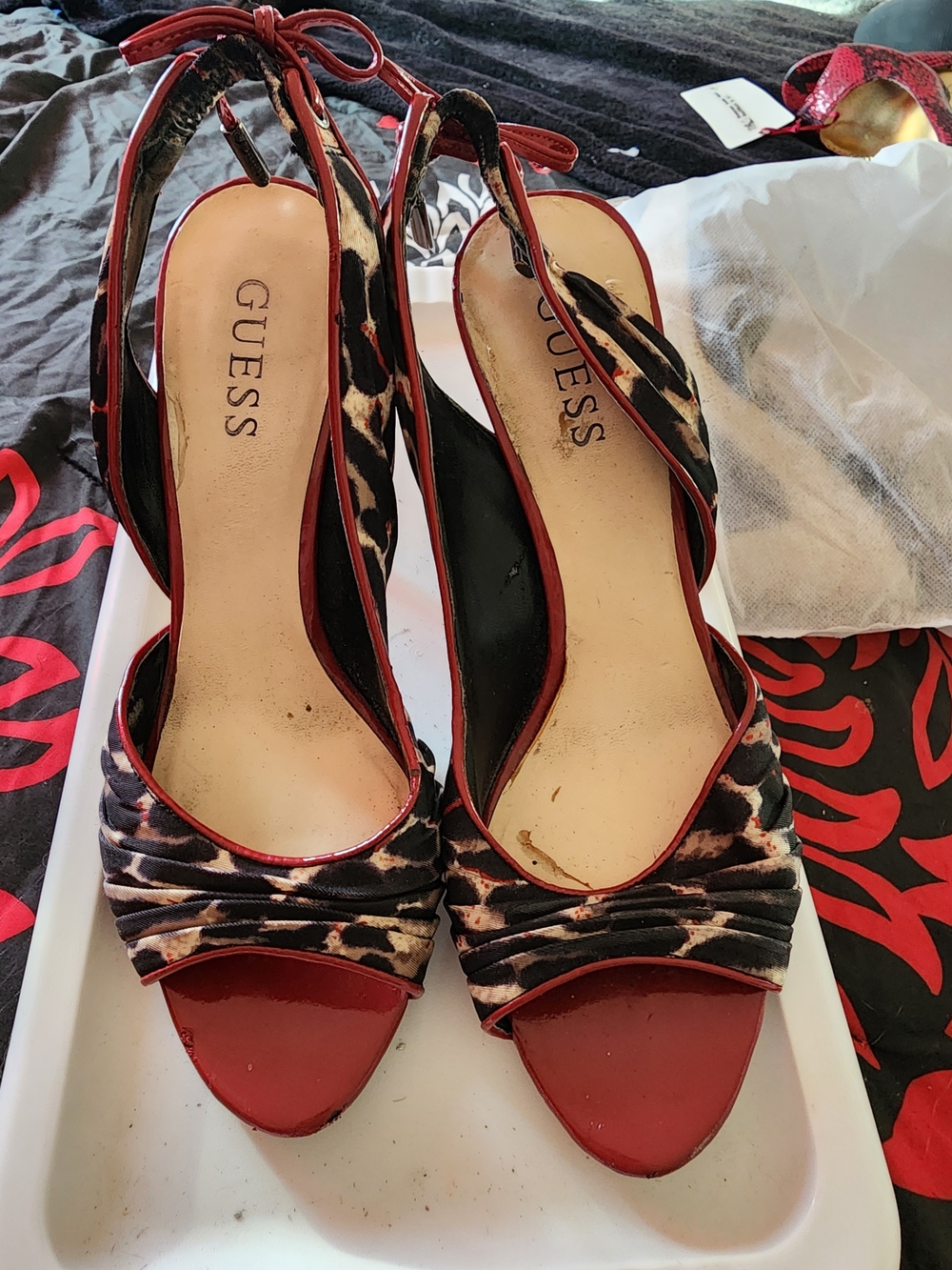 GUESS Red and Leopard-Print Slingback Heels
